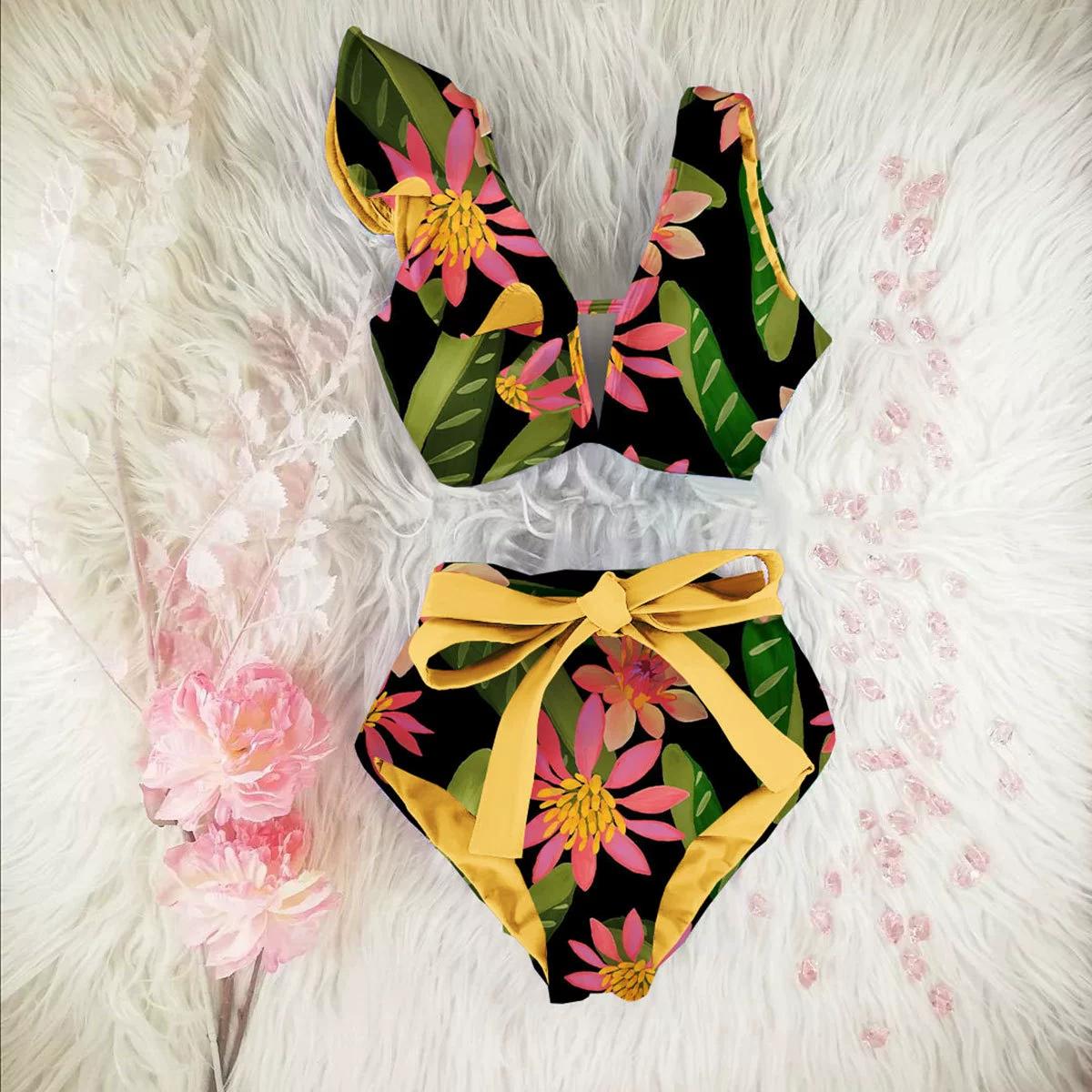 Ruffle V-Neck High-Waist Bikini Set with Bow view 4