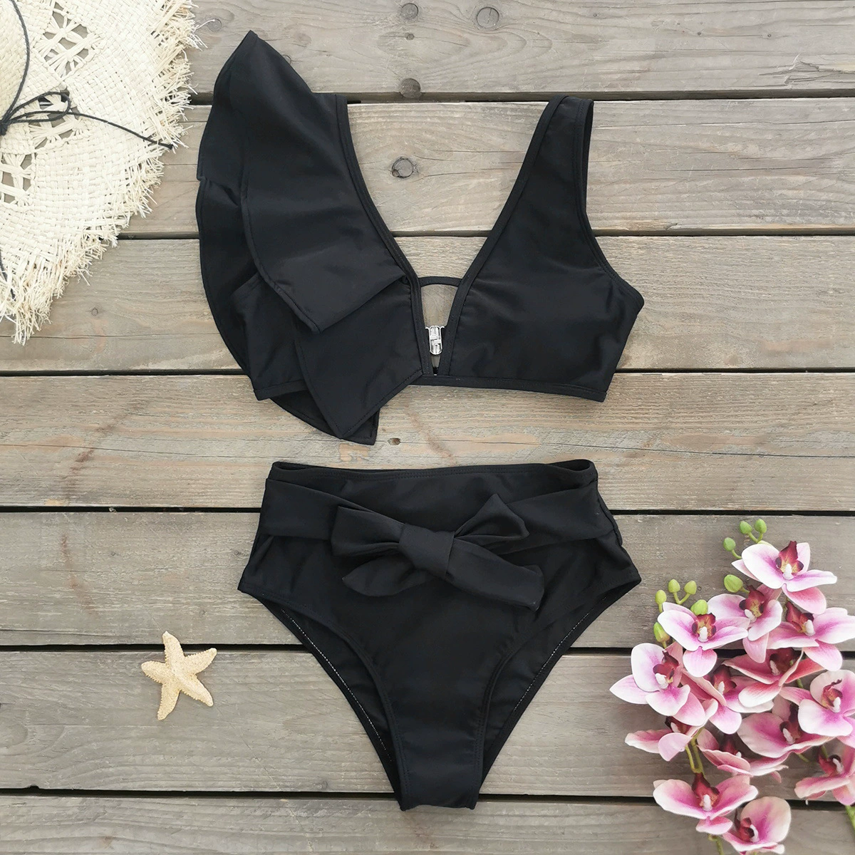 Ruffle V-Neck High-Waist Bikini Set with Bow view 7