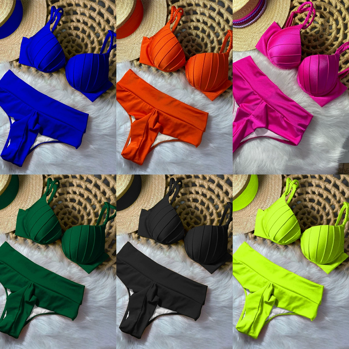 Pleated Cup High Waist Bikini Set