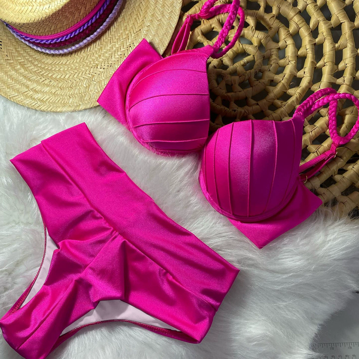 Pleated Cup High Waist Bikini Set view 9