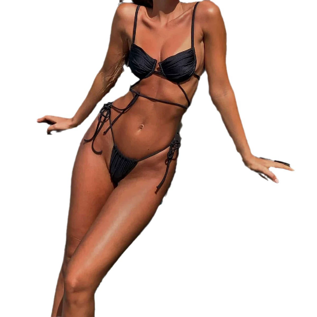 Strappy Ruched Bikini Set with Tie-side Thong view 5
