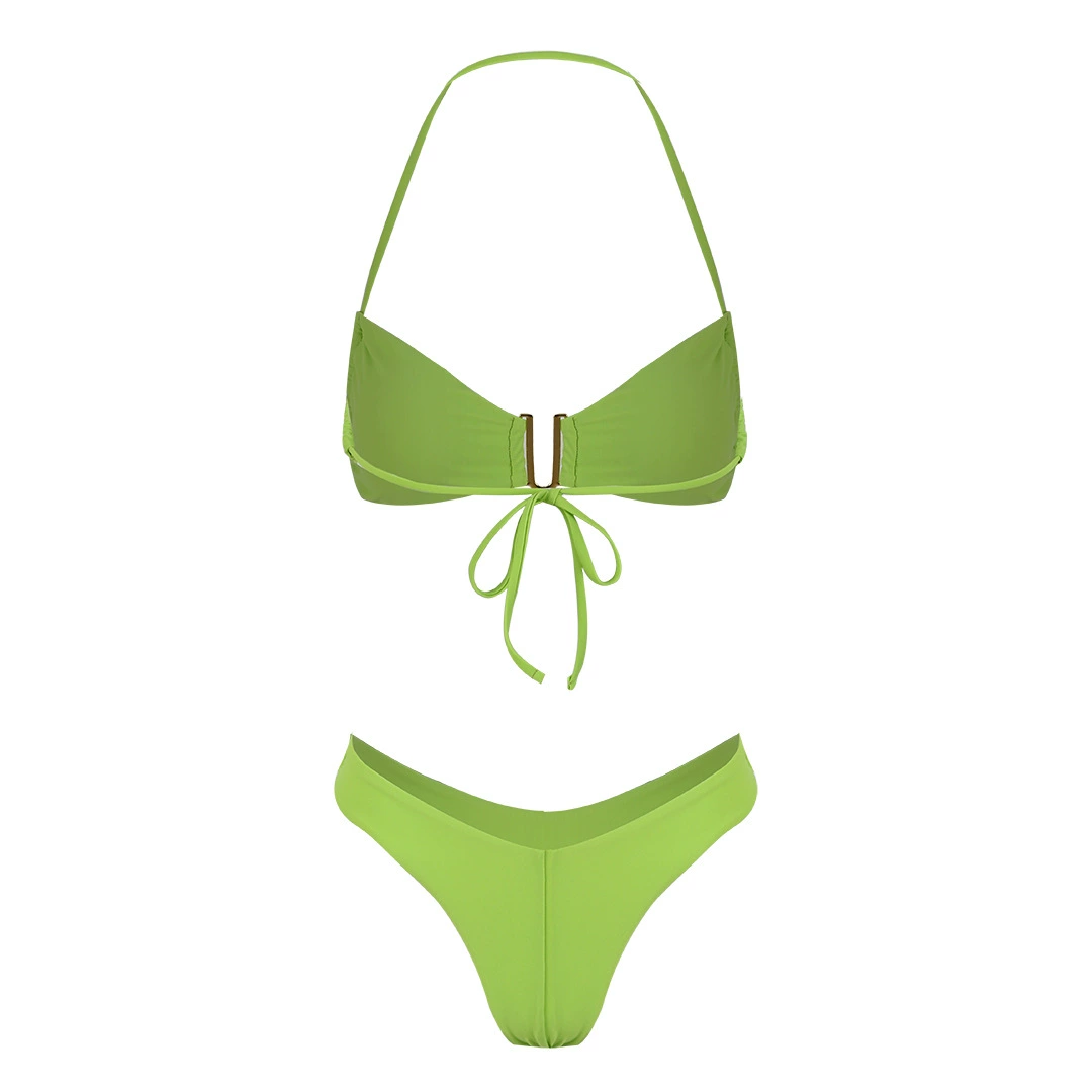Halter Neck Bikini Set with Metal Clasp and V-Shaped Bottom