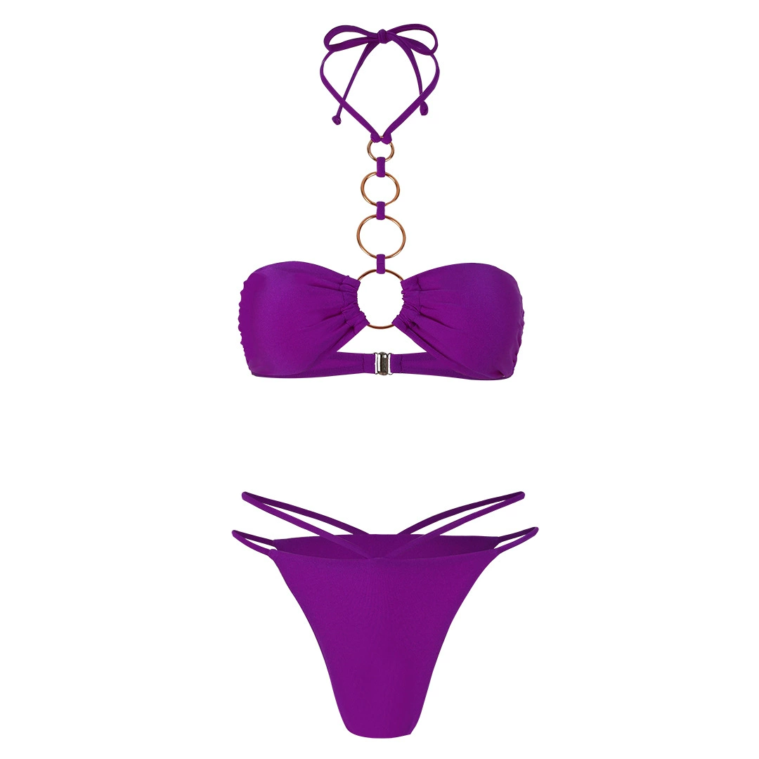Ring Detail Halter Bandeau Bikini Set with Low-Rise Bottoms
