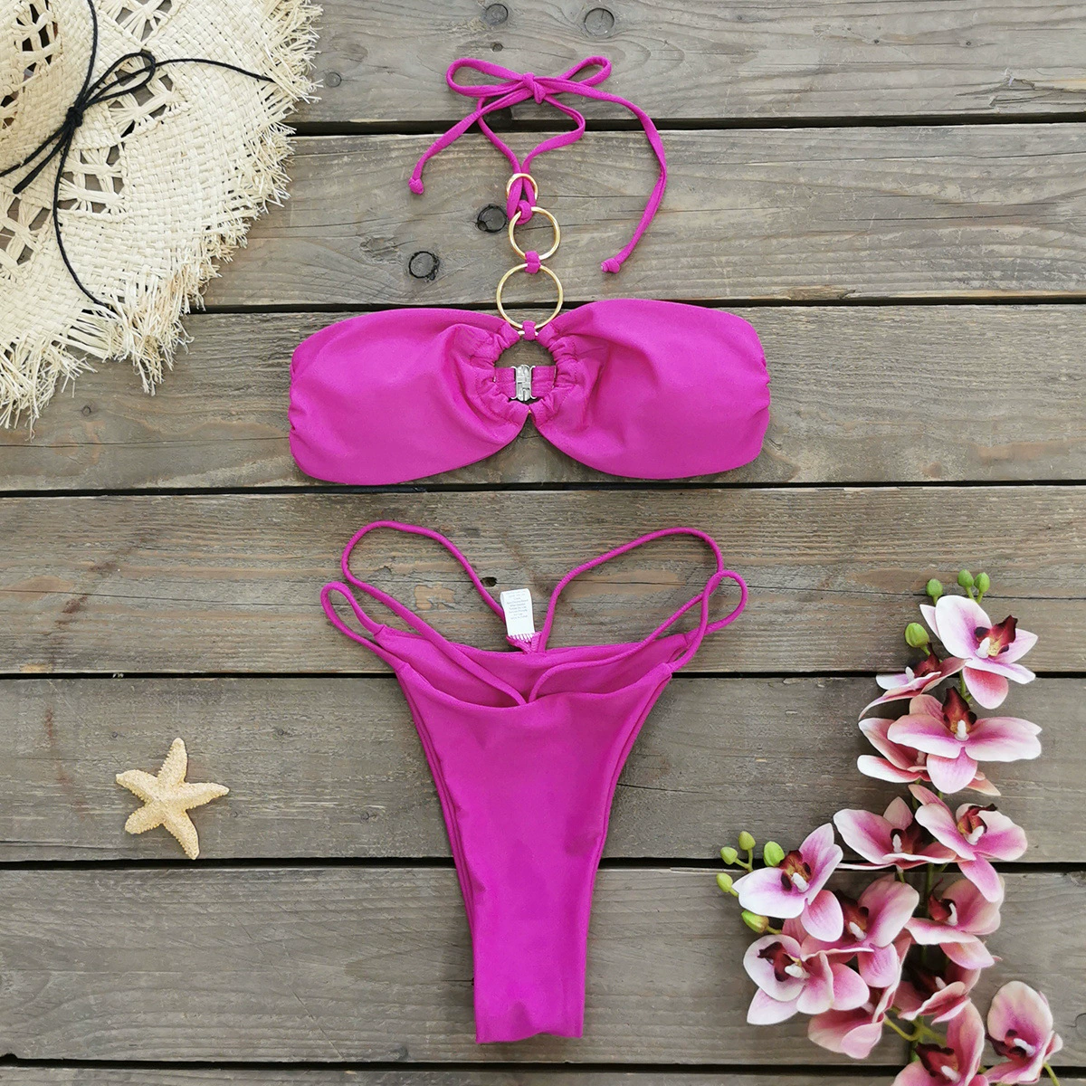Ring Detail Halter Bandeau Bikini Set with Low-Rise Bottoms