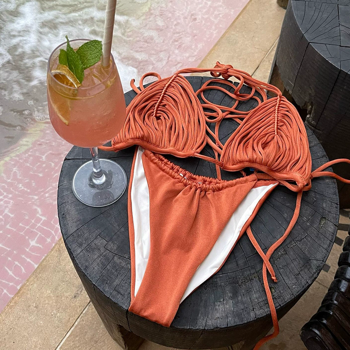 Pleated Triangle Tie-Side Bikini Set