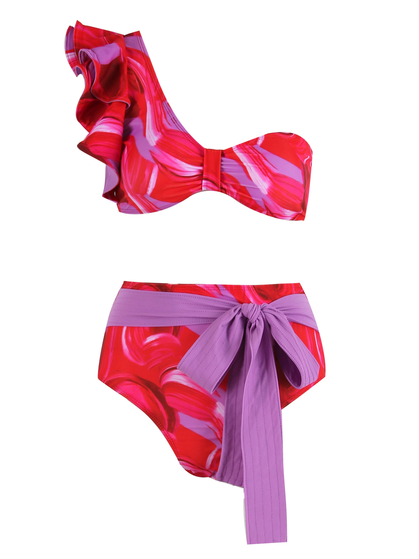 One-Shoulder Ruffled High-Waist Bikini Set with Front Tie