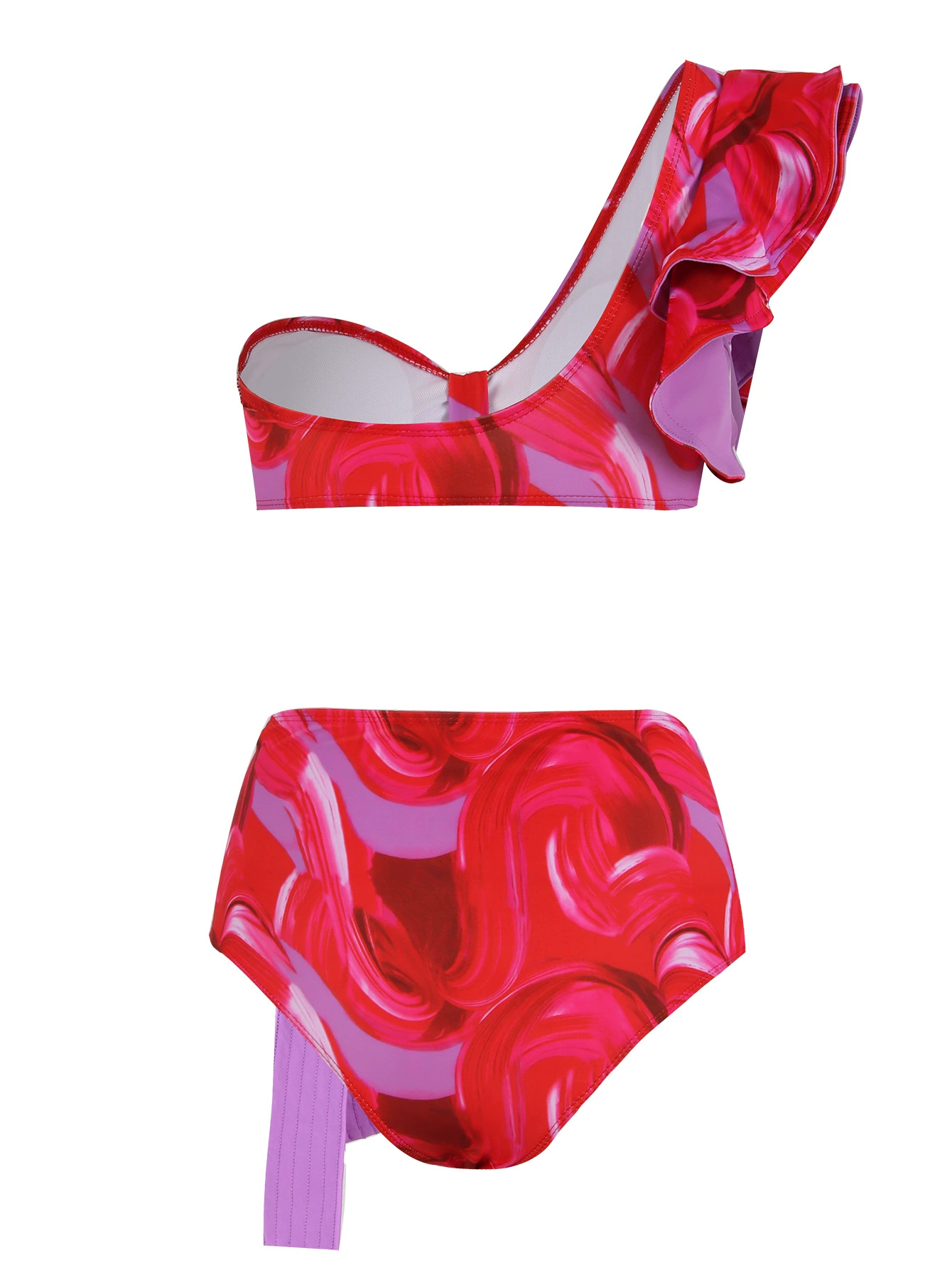 One-Shoulder Ruffled High-Waist Bikini Set with Front Tie