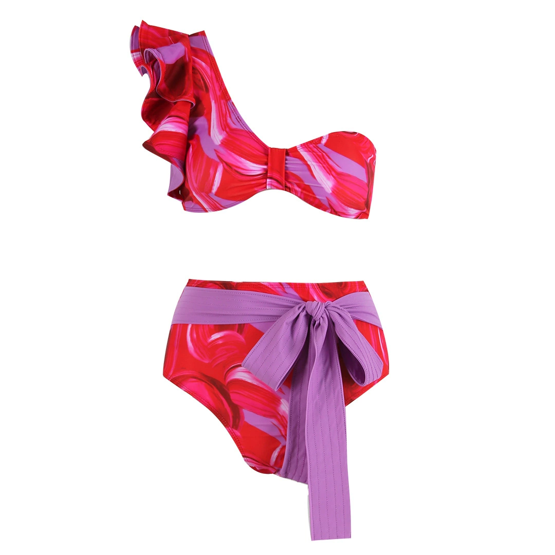 One-Shoulder Ruffled High-Waist Bikini Set with Front Tie view 6