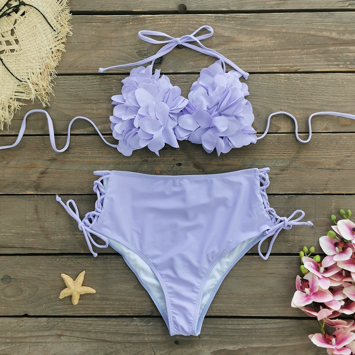 Halter Neck Bikini Set with High-Waist Tie-Side Bottoms view 3