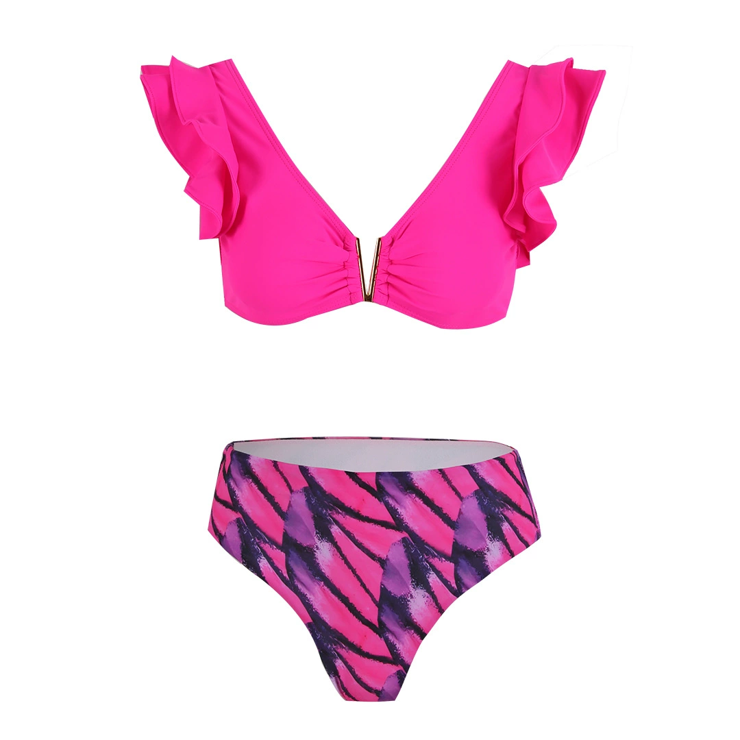 Women’s Two-Piece Bikini Set with Ruffled Shoulders and High-Waist Bottom