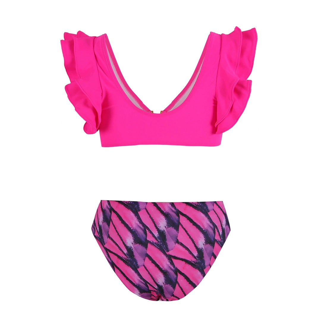 Women’s Two-Piece Bikini Set with Ruffled Shoulders and High-Waist Bottom