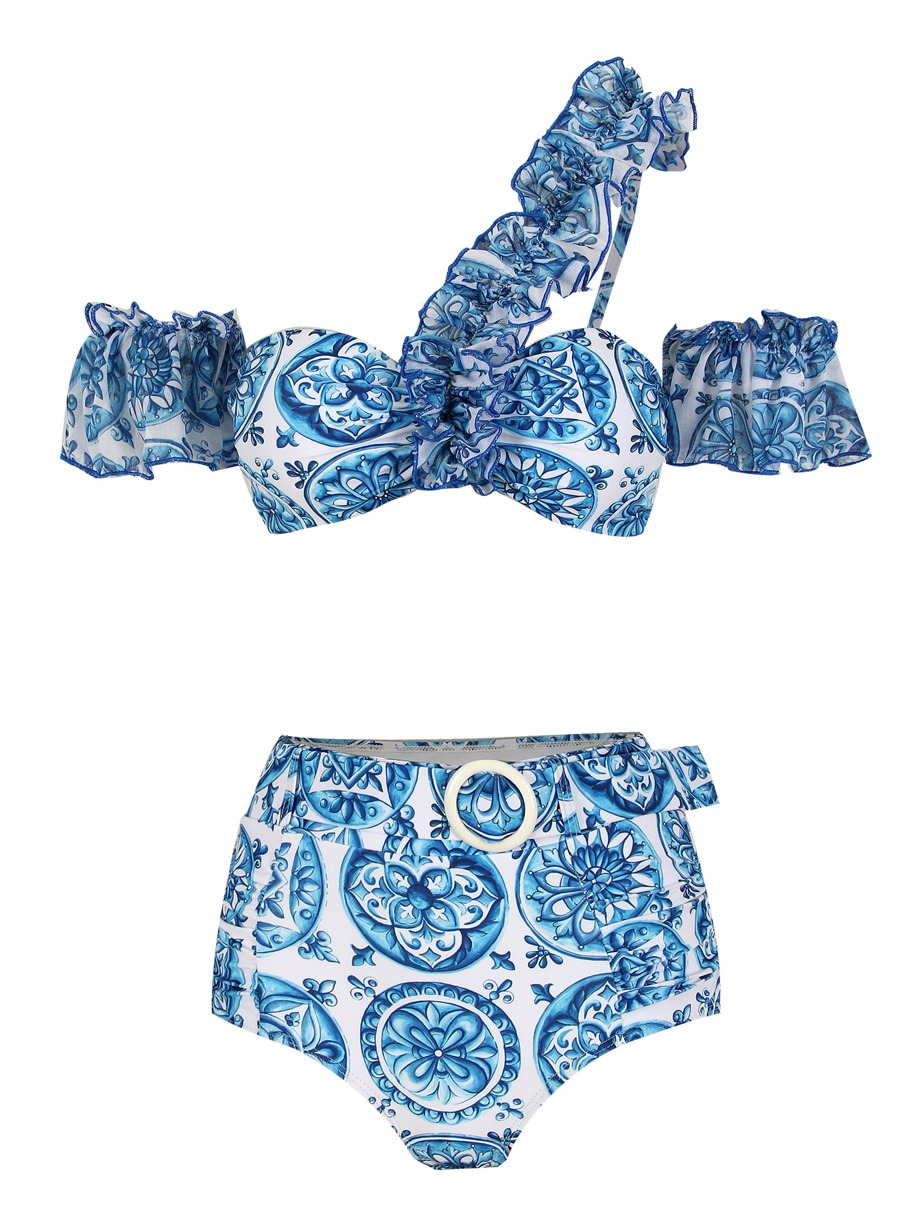 One-Shoulder Ruffle High-Waist Bikini Set view 5
