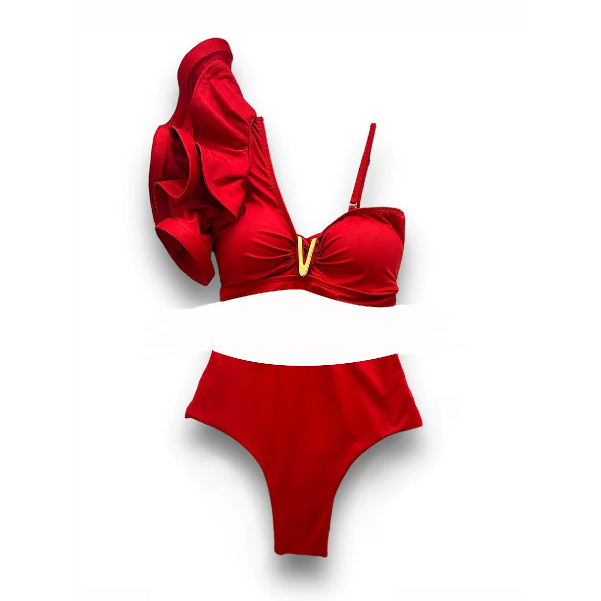 One-Shoulder Ruffle High-Waist Bikini Set