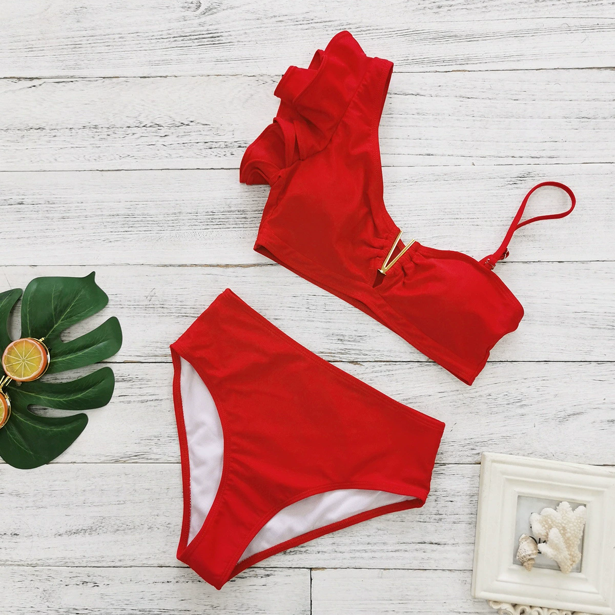 One-Shoulder Ruffle High-Waist Bikini Set