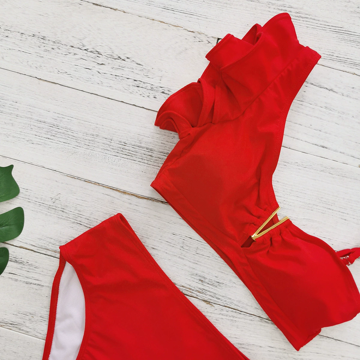 One-Shoulder Ruffle High-Waist Bikini Set view 3