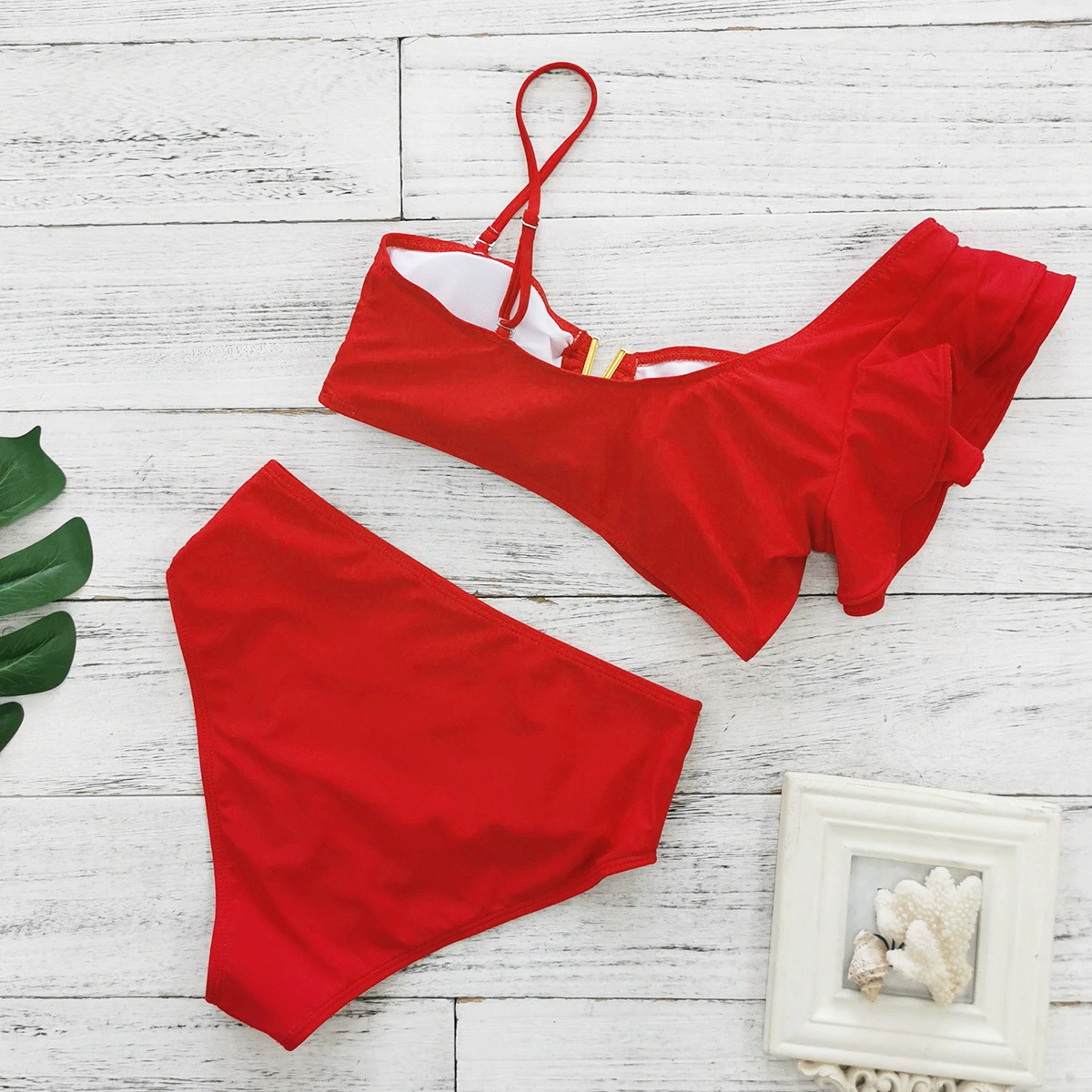 One-Shoulder Ruffle High-Waist Bikini Set view 4
