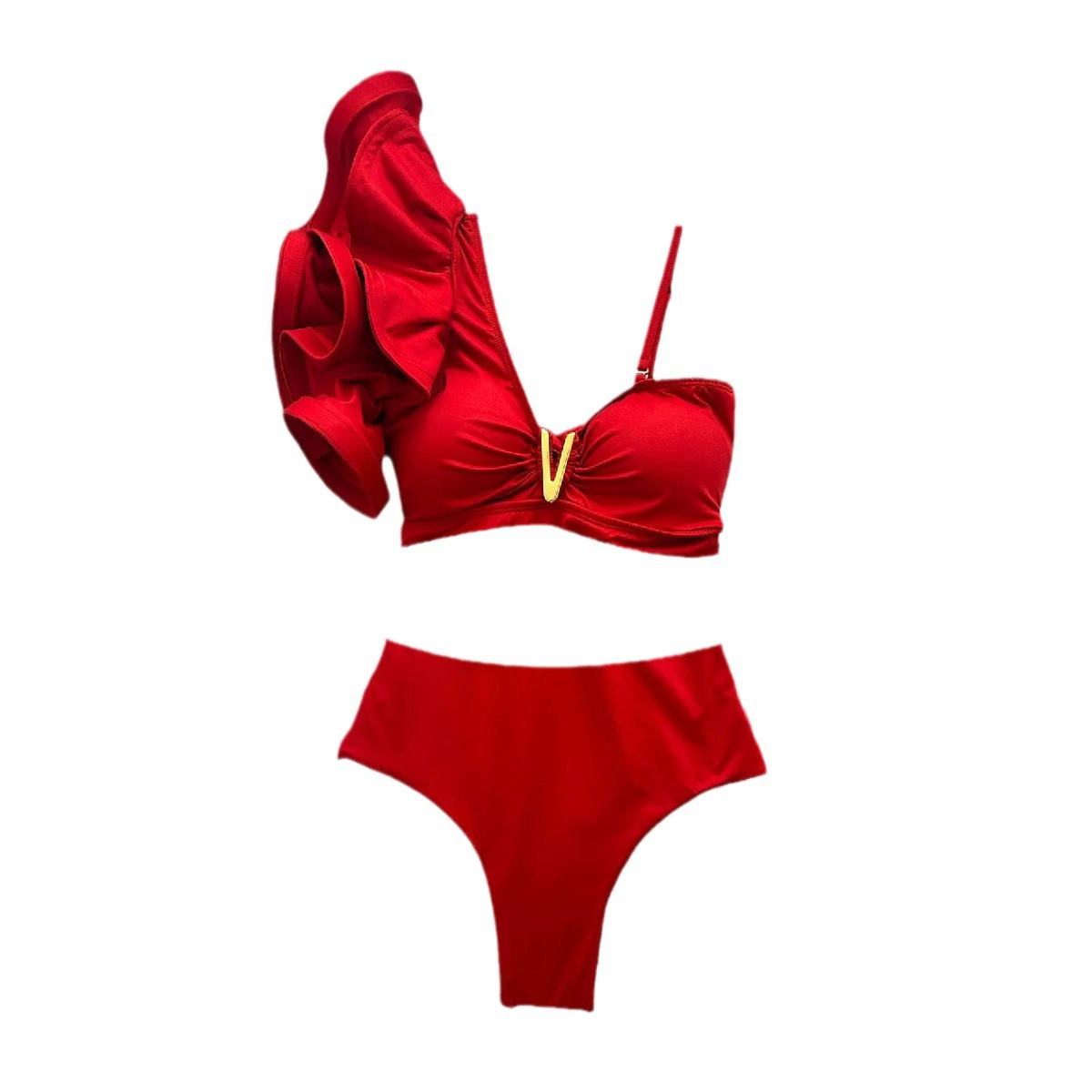 One-Shoulder Ruffle High-Waist Bikini Set view 5