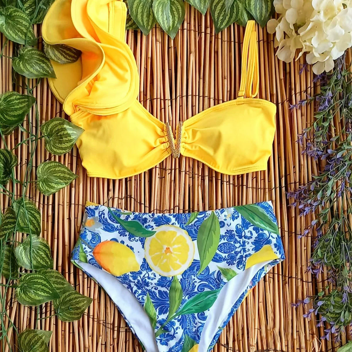 One-Shoulder Ruffle Bikini Set with High-Waist Bottom