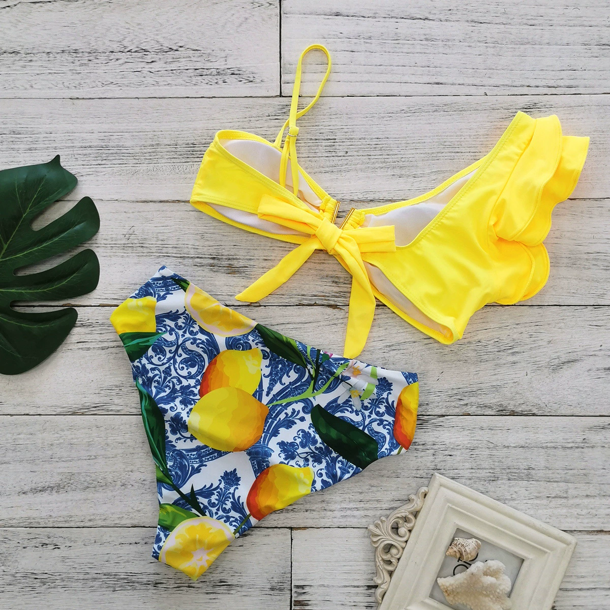 One-Shoulder Ruffle Bikini Set with High-Waist Bottom view 4