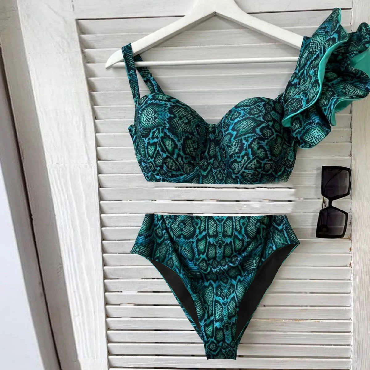 One-Shoulder Ruffle High-Waist Asymmetric Bikini Set
