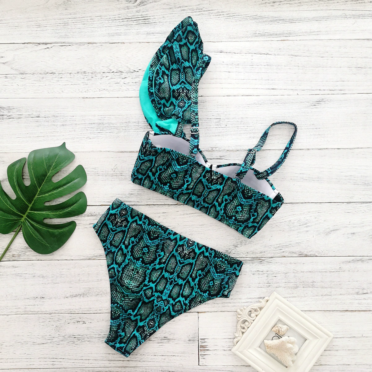 One-Shoulder Ruffle High-Waist Asymmetric Bikini Set view 4
