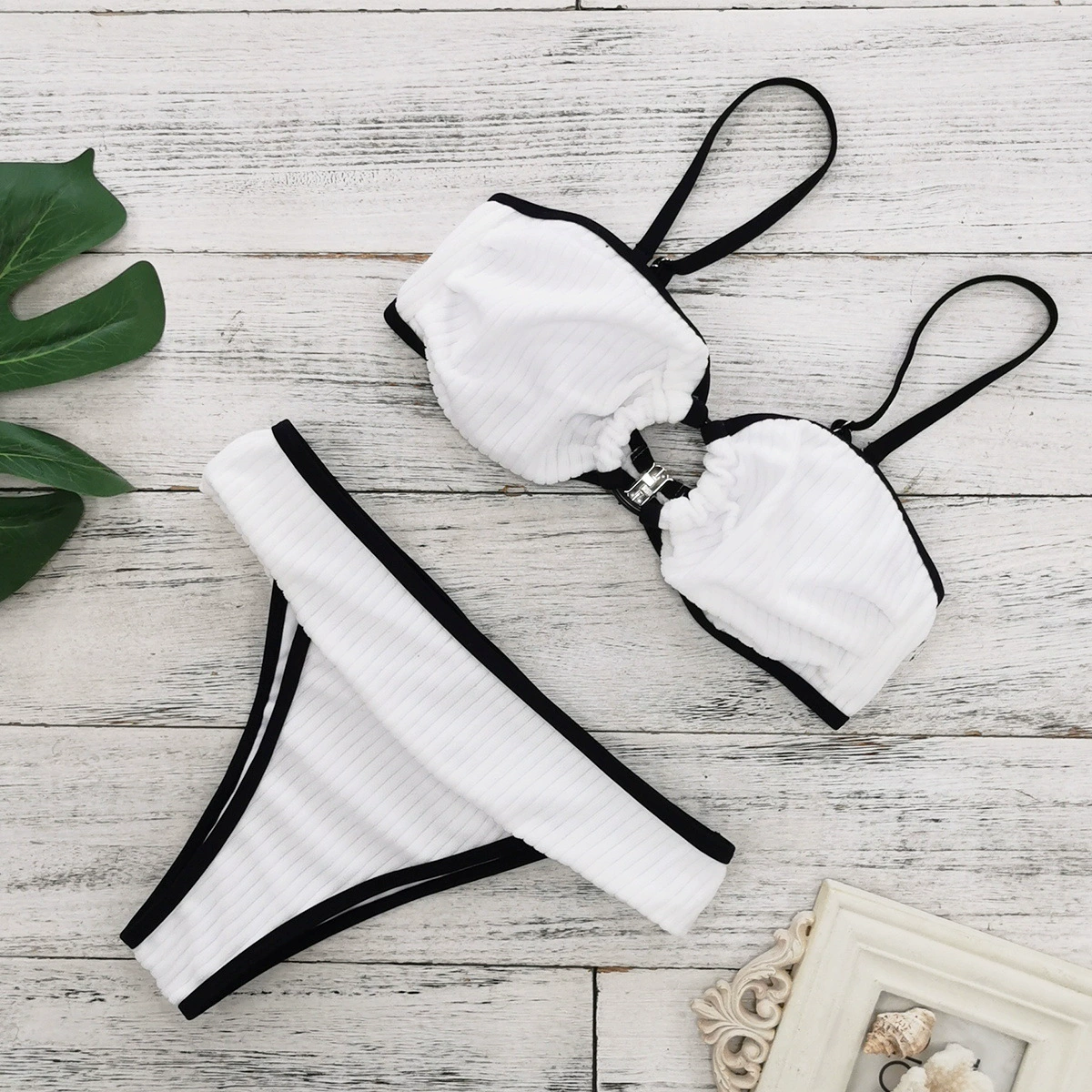 Bandeau Bikini Set with Ring Detail and High-Waist Bottom