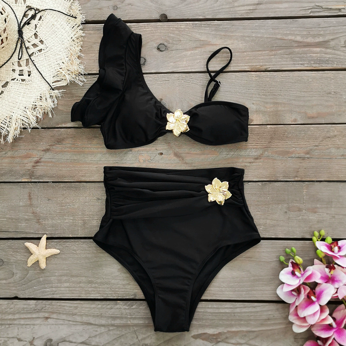 One-Shoulder Ruffle High-Waist Two-Piece Swimsuit with Back Tie view 3