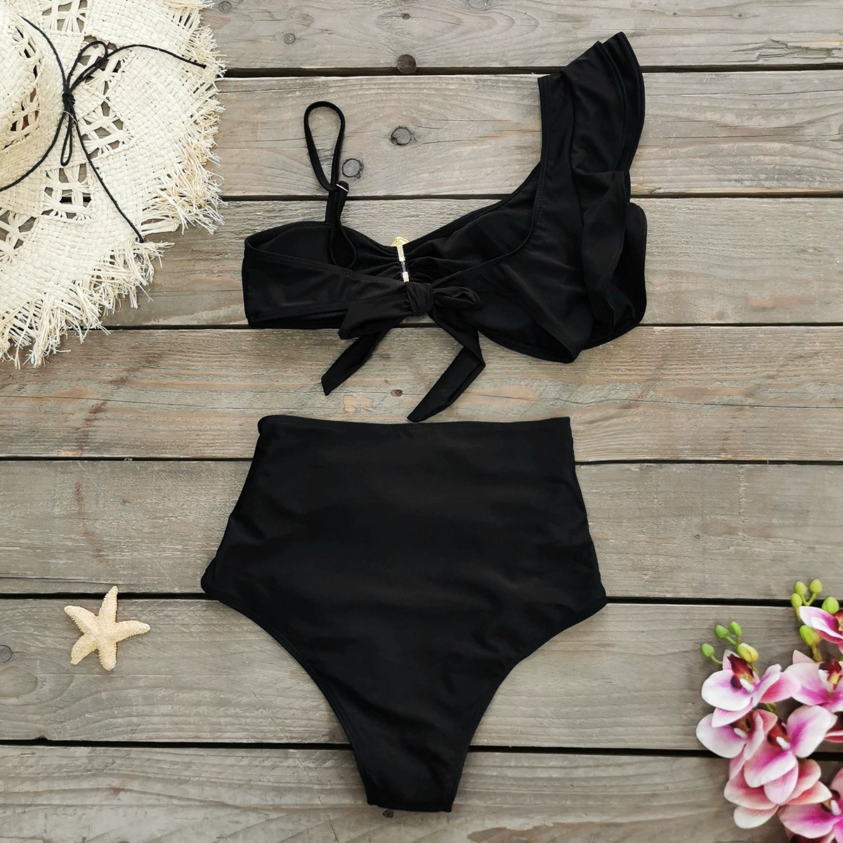One-Shoulder Ruffle High-Waist Two-Piece Swimsuit with Back Tie view 4