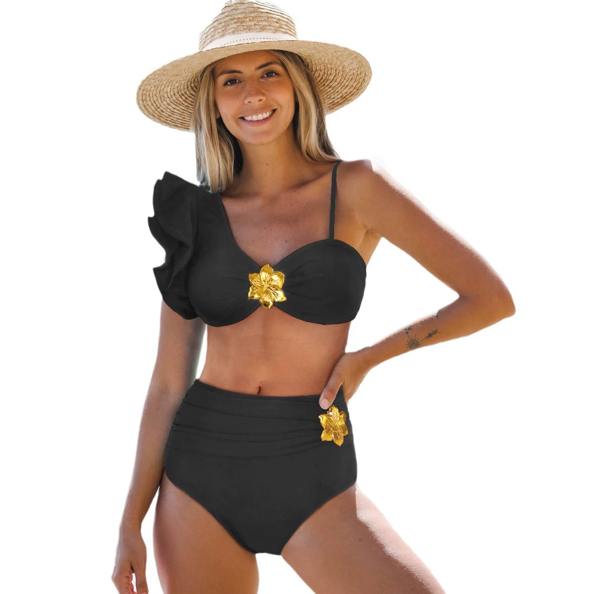 One-Shoulder Ruffle High-Waist Two-Piece Swimsuit with Back Tie view 5