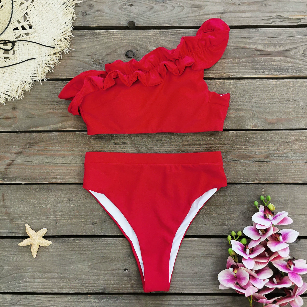 One-Shoulder Ruffle High-Waist Bikini Set