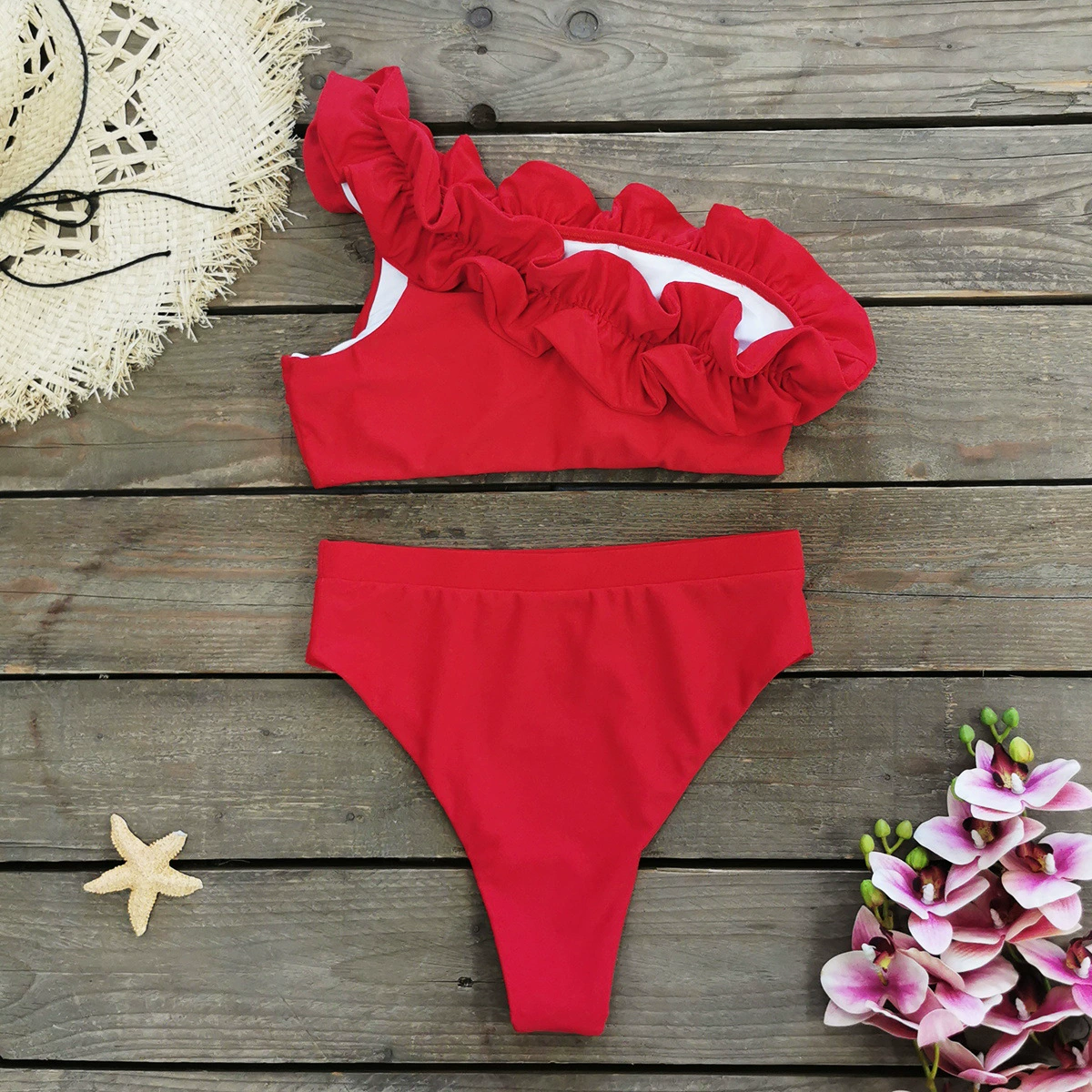 One-Shoulder Ruffle High-Waist Bikini Set view 3