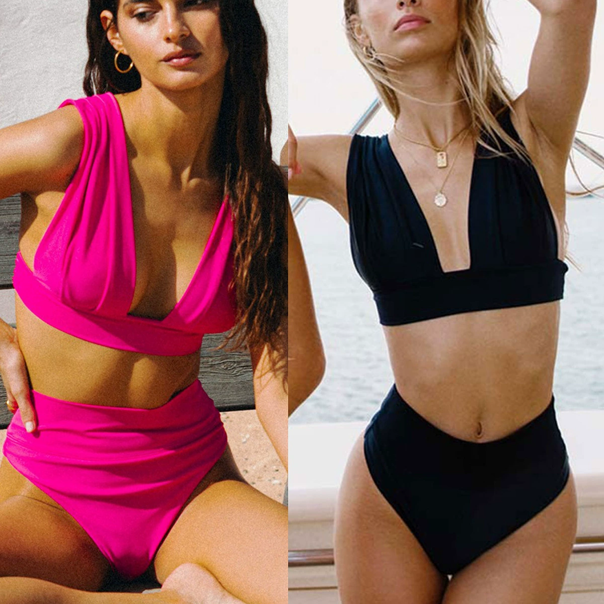 Two-Piece Deep V-Neck High-Waist Bikini Set with Back Tie