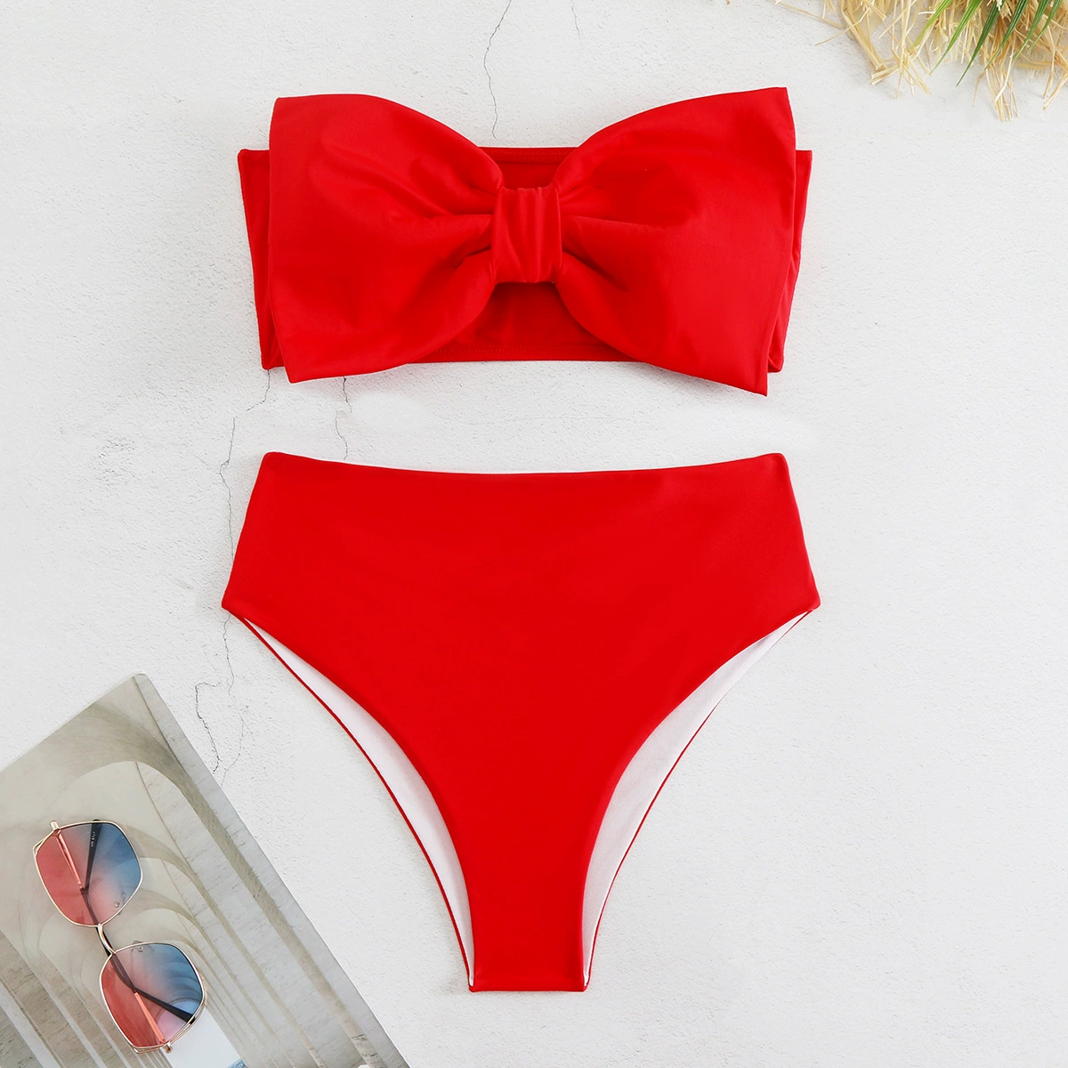 Bow Bandeau Bikini Set with High-Waist Bottom