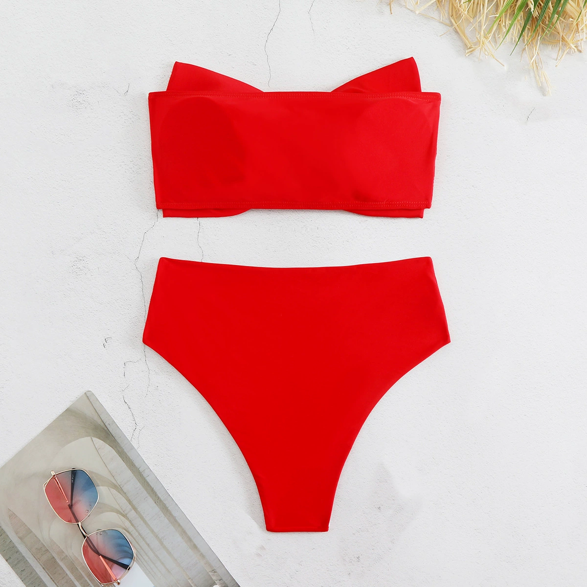 Bow Bandeau Bikini Set with High-Waist Bottom