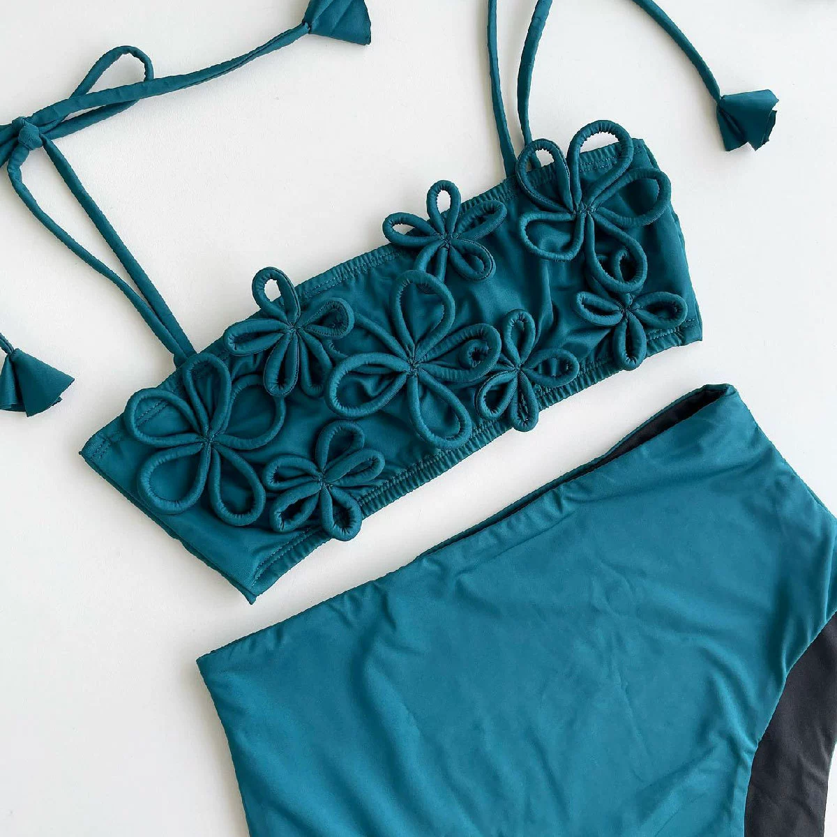 Bandeau Bikini Set with Tie Shoulder Straps and High Waist Bottom view 7