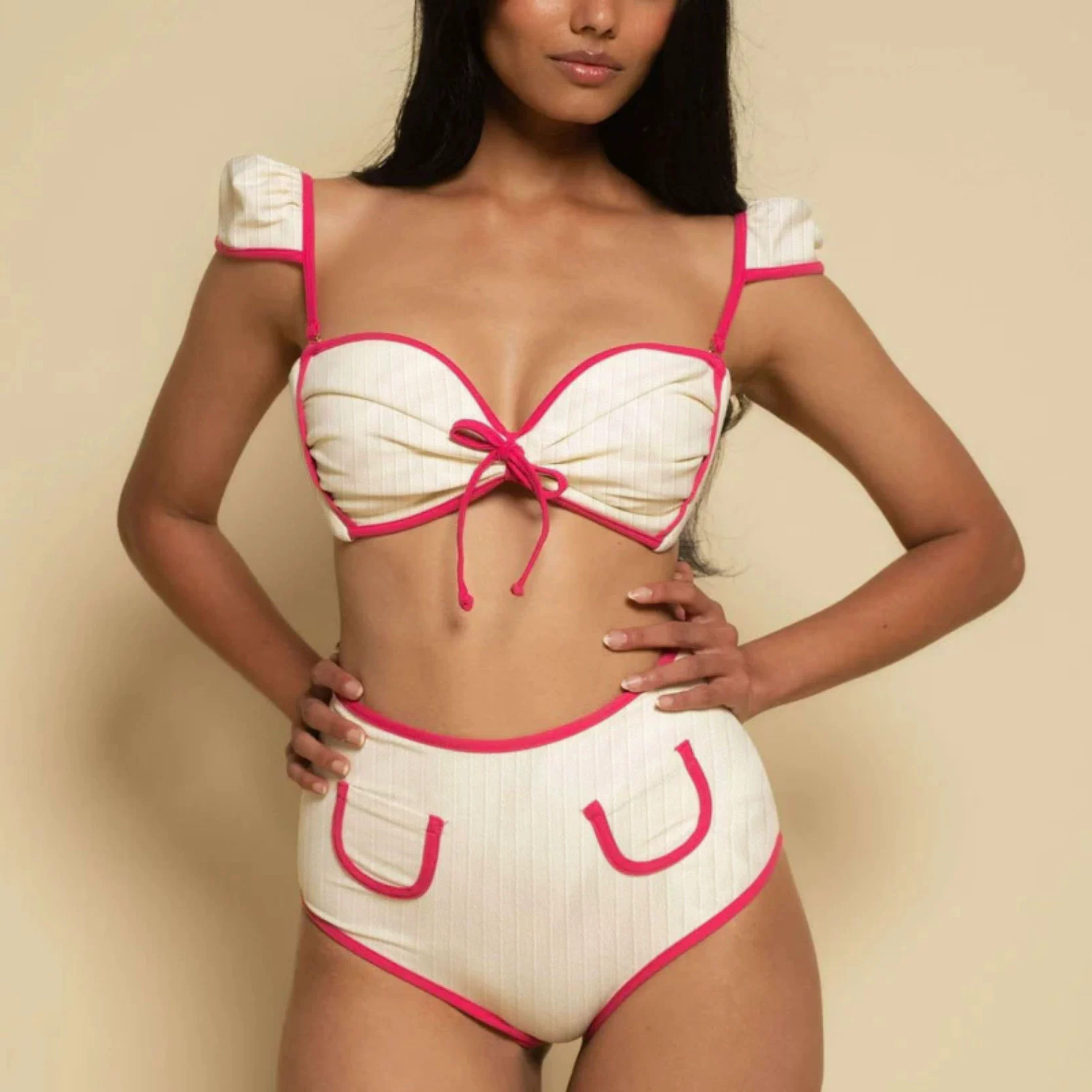 Two-Piece Bikini Set with Cap Sleeves and High-Waist Bottom view 3