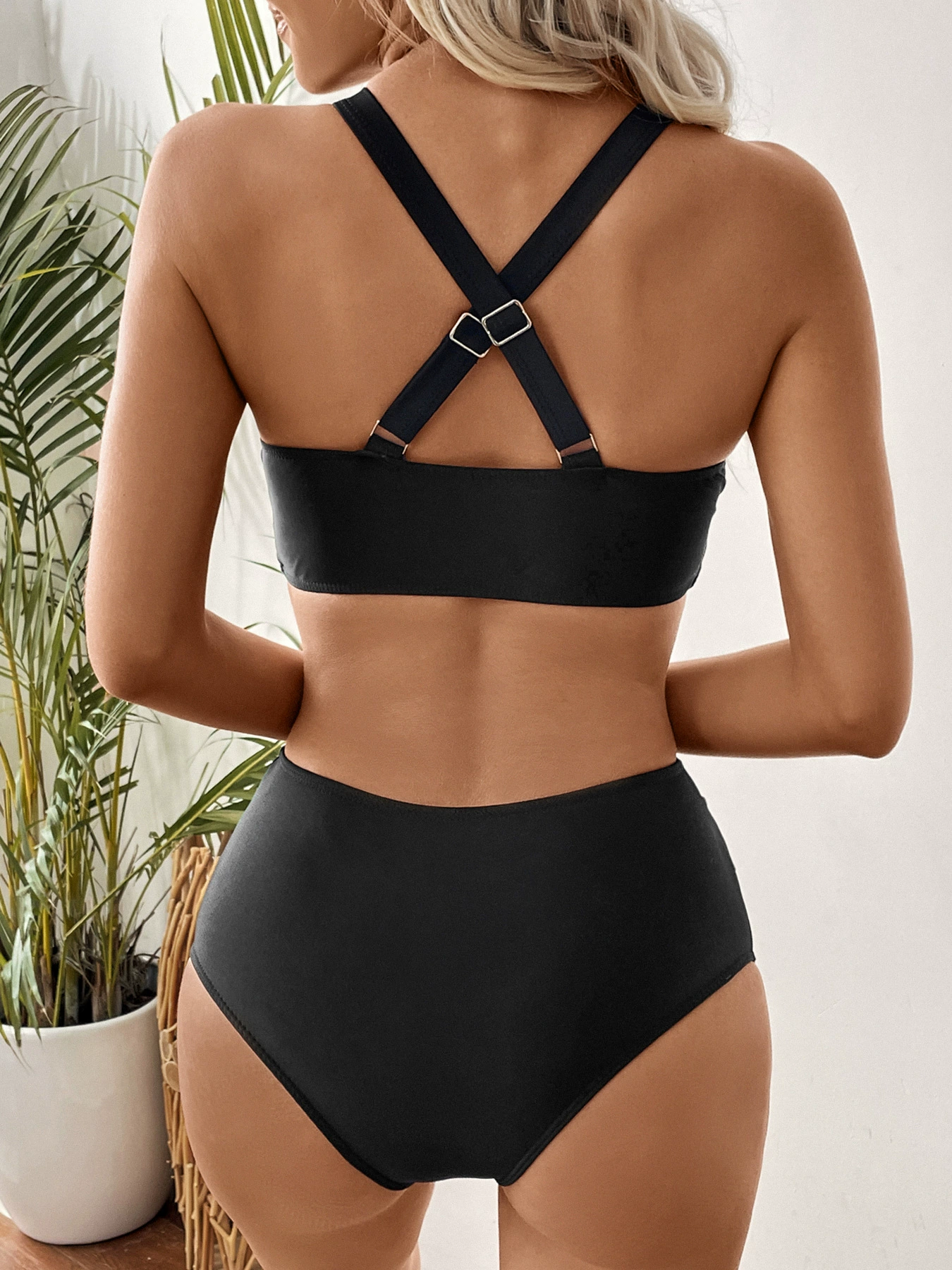Cross Back Halter Neck Bikini Set with High Waist view 3