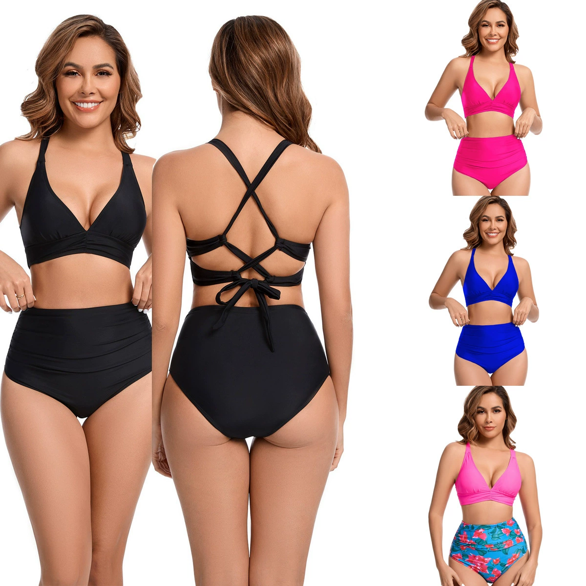 Deep V High-Waist Bikini Set with Crisscross Back