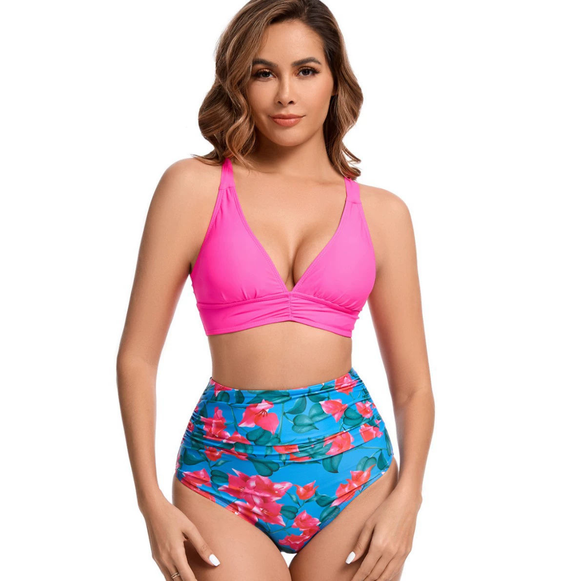Deep V High-Waist Bikini Set with Crisscross Back