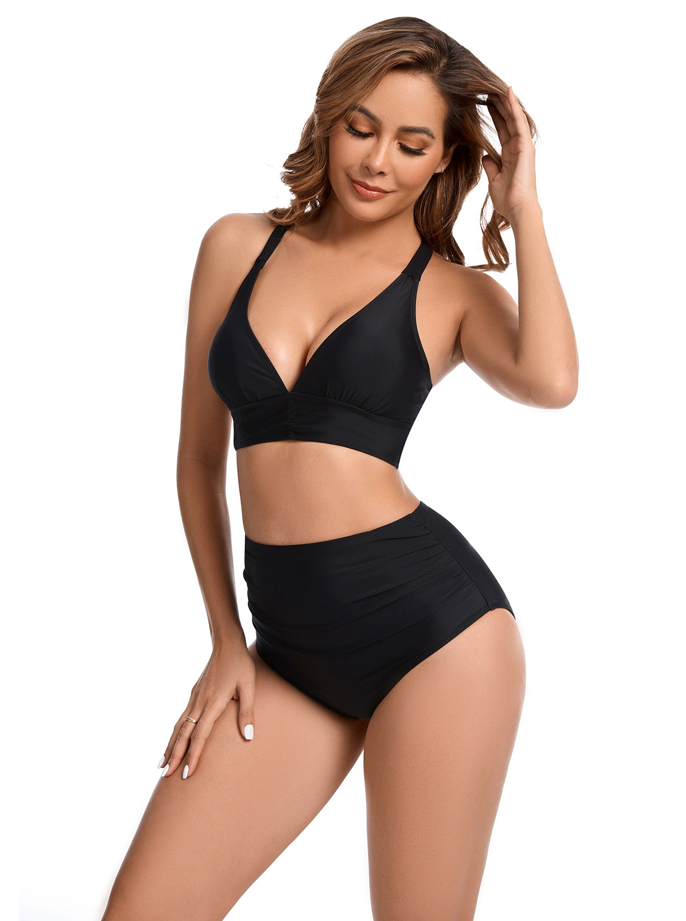 Deep V High-Waist Bikini Set with Crisscross Back view 6