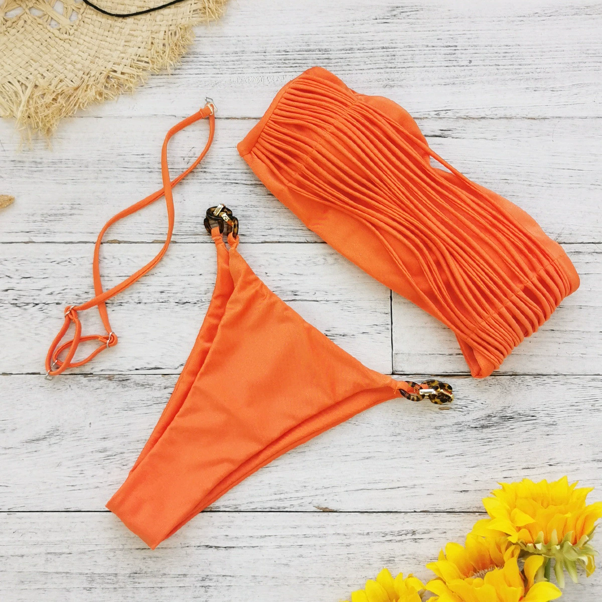 Ruched Bandeau Bikini Set with Ring Details