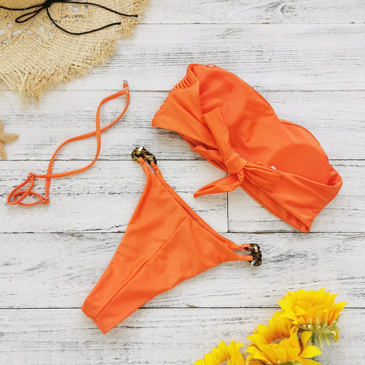 Ruched Bandeau Bikini Set with Ring Details