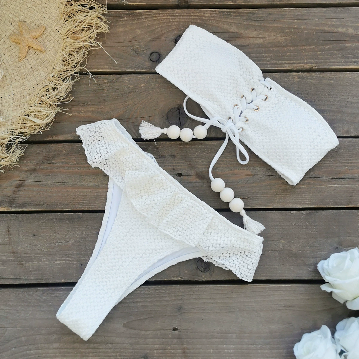 Strapless Lace-Up High-Waist Bikini Set view 3