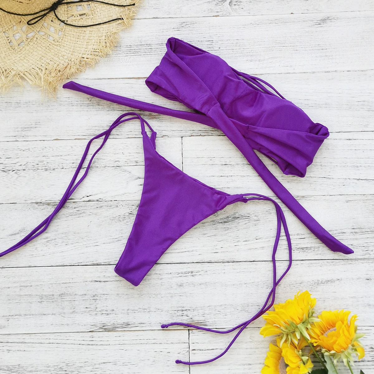 Strapless Ruched Bandeau Bikini Set with Side-Tie Briefs view 4