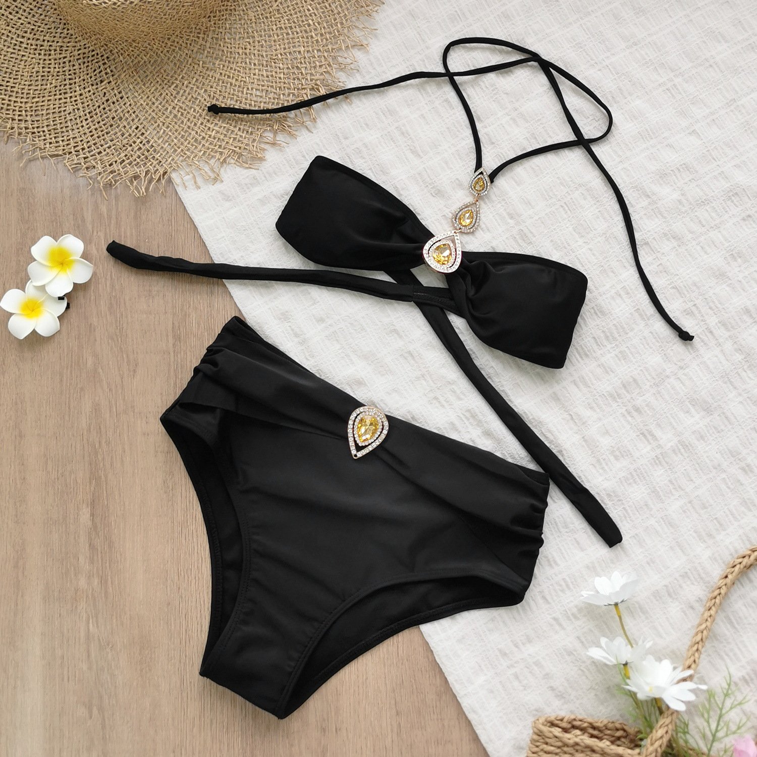 Black halter bikini with 4 diamonds