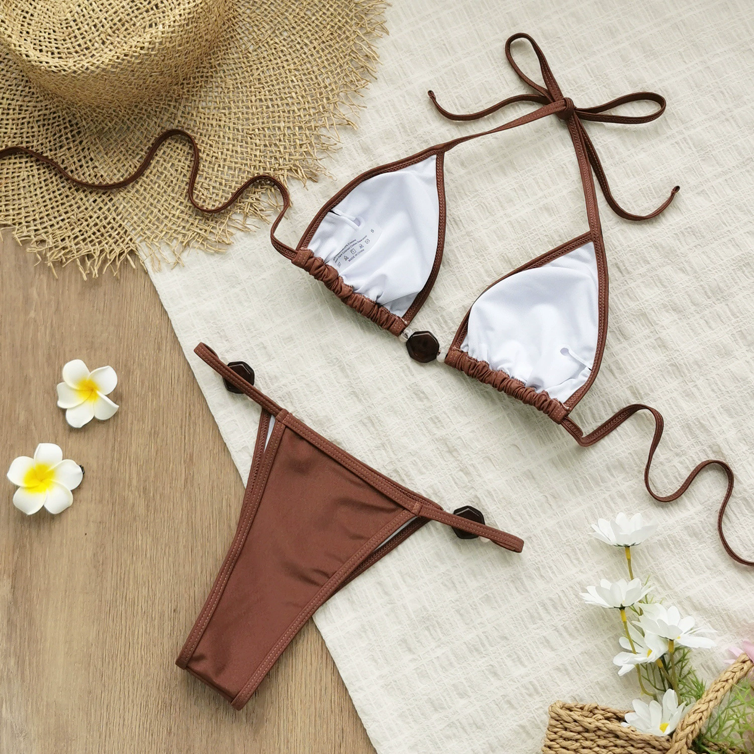 Halter Neck Triangle Bikini Set with Beaded Accents view 3