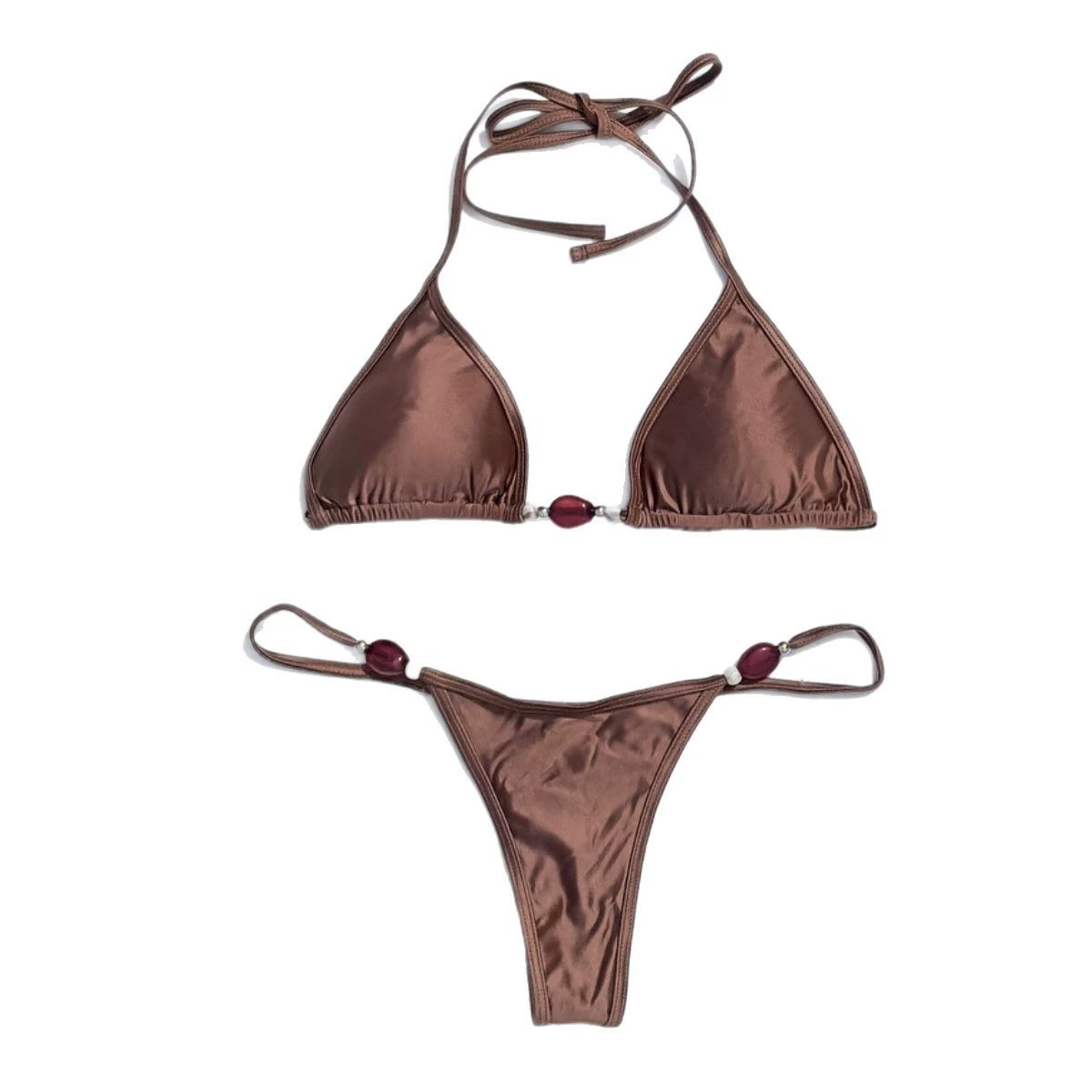 Halter Neck Triangle Bikini Set with Beaded Accents view 5