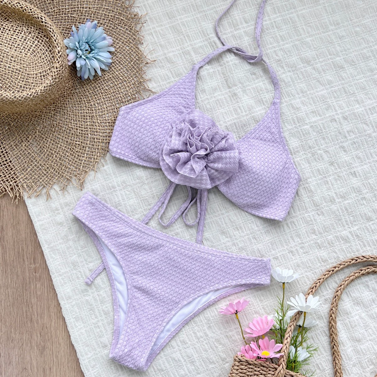 Three-Piece Bikini Set with Halter Top and Wrap Skirt