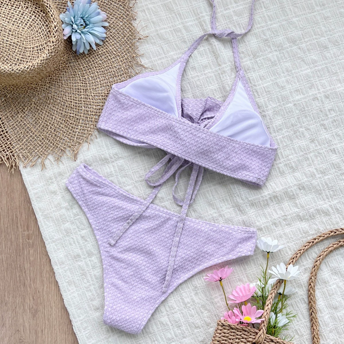 Three-Piece Bikini Set with Halter Top and Wrap Skirt view 3