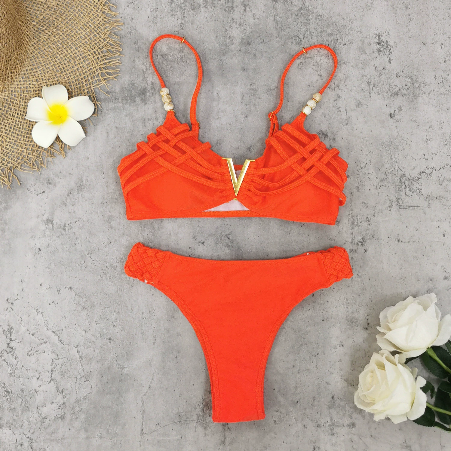 V-Shaped Metal Accent Crisscross Bikini Set